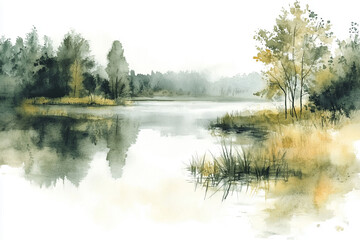 Fototapeta premium Watercolor landscape featuring a tranquil lake Water color on white background