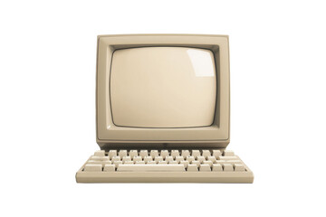 Vintage beige computer with CRT monitor and keyboard, isolated on white background. PNG without background