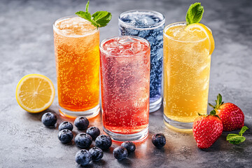 Set of Italian soda fruit drink mix with soda. Lemon, blueberry, strawberry, peach and Yuzu orange soda. cocktail summer refreshment drink