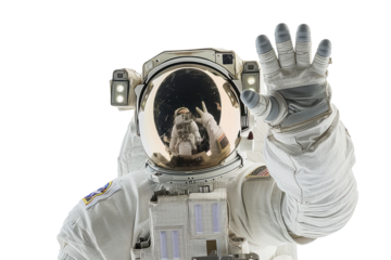 Astronaut in white spacesuit raising hand, isolated on white background. PNG without background