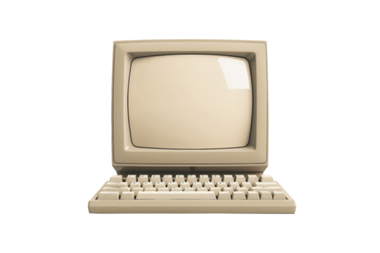 Vintage beige computer with CRT monitor and keyboard, isolated on white background. PNG without background