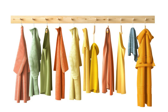 Wooden coat rack with hanging clothes, isolated on white background. PNG without background