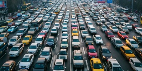 rows of cars on the highway long traffic jams. Generative AI