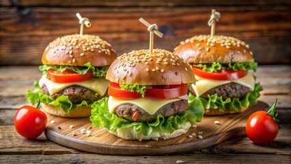 Juicy beef patties sandwiched between soft buns, topped with crispy lettuce, ripe tomato, melted cheese, sesame seeds, and toothpicks, arranged on a rustic wooden table.