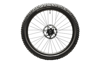 Naklejka premium Black bicycle wheel with spokes and disc brake isolated on white. PNG image