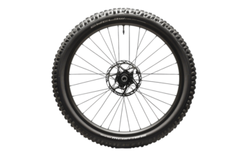 Black bicycle wheel with spokes and disc brake isolated on white. PNG image