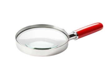 Classic magnifying glass with silver frame and red handle. PNG image