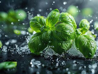 Vibrant BASIL splashing with water and ice on elegant black background. A wide shot of lime Martini in a cocktail glass near lime and mint and a basil plant in a white pot