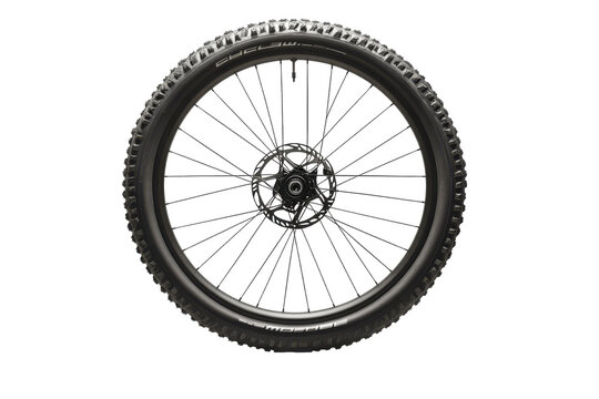 Black bicycle wheel with spokes and disc brake isolated on white. PNG image