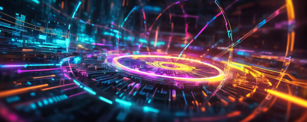Obraz premium Futuristic Neon Glow: Technology’s Abstract Data Network and Cybernetic Connectivity