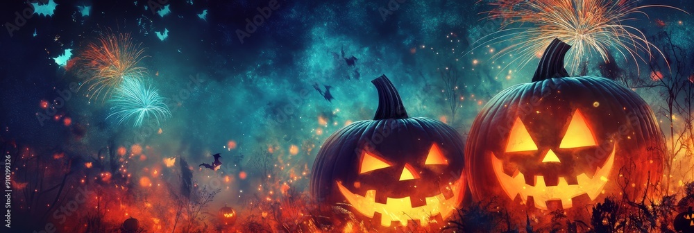 Wall mural Two glowing jack-o'-lanterns with carved faces stand against a backdrop of colorful fireworks and sparkling lights, symbolizing Halloween festivities, spooky fun, autumn celebration, and the magic of 