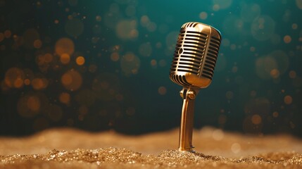 Vintage Microphone in Golden Sands with Bokeh Background