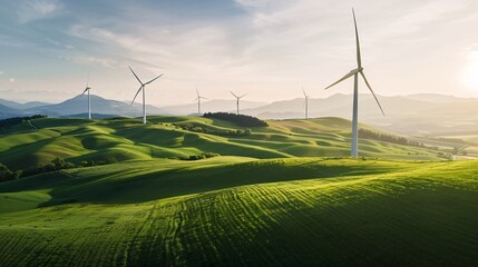 Wind Turbines on Green Hills at Sunset