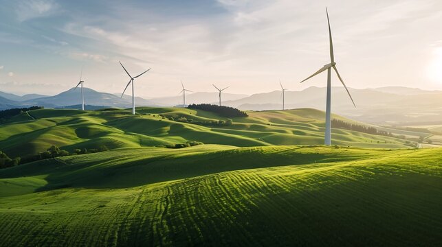 Wind Turbines on Green Hills at Sunset