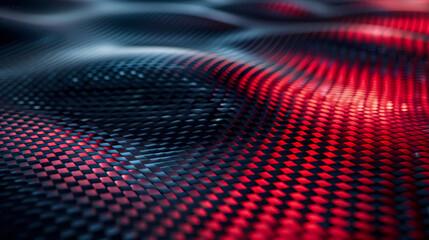 Fototapeta premium A close-up shot of a textured, black and red surface. The surface is made of a woven material that creates a checkered pattern. The surface is illuminated by a red light, creating a warm and inviting 