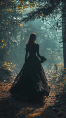 Fototapeta premium A woman in a black dress is walking through a forest