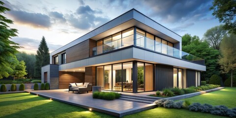 Fototapeta premium Modern European residential architecture features a sleek, angular house facade with large windows, clean lines, and a minimalist aesthetic amidst a lush green background.