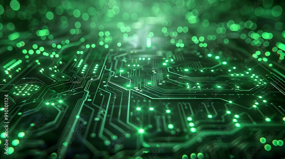 Poster neon green glowing circuit pattern abstract background for tech concept display