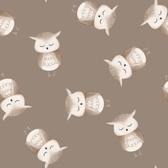 Seamless pattern with cartoon bird. Hand drawn illustration of beige owl cute horse on isolated background. Minimalist scandinavian repeat pattern. Night forest dwellers