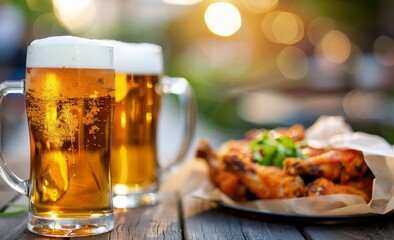 Delicious Fried Chicken And Chilled Beer Served Outdoors In Bright Afternoon Light