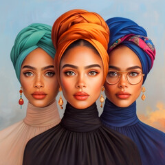 Three Women.  Generated image.  A digital illustration of three women with a pastel background in the style of Feminist art.