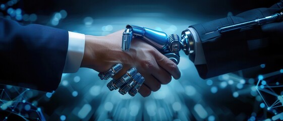 Cyborg and human handshake, futuristic background, sleek design