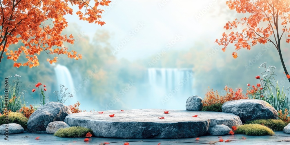 Poster Stone Platform with Autumn Leaves and a Waterfall Background