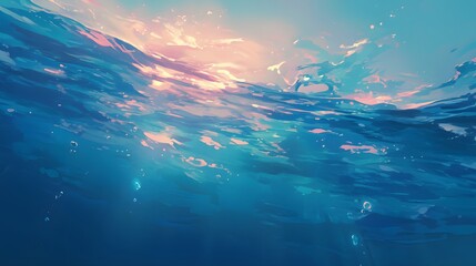 Obraz premium Cartoon style Photo underwater, the rays of the sun penetrate the water, the water shines, soft pink shades and blue III