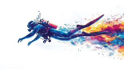 Flashy brushstroke  Scuba diver, swimming in clear waters in Asia. Blue, violet and turquoise colorway. Minimal red and orange details. Absolutely amazing artwork 2D design on white background Left