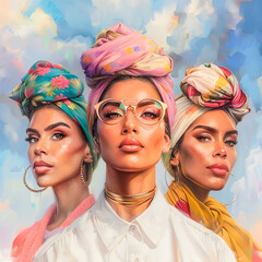 Three Women.  Generated image.  A digital illustration of three women with a pastel background in the style of Feminist art.