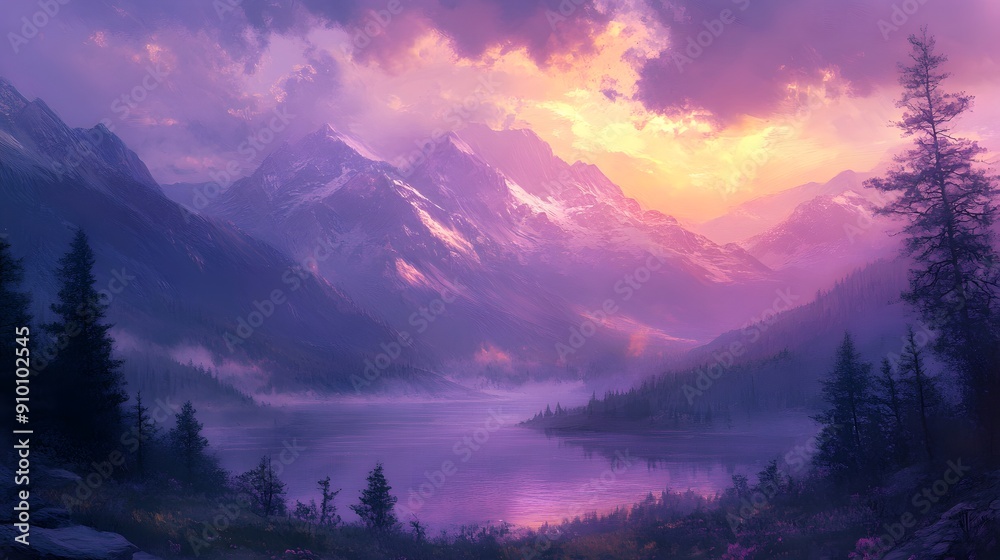 Canvas Prints mountain lake at sunset.