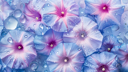 Greeting card with beautiful flowers blossom in spring with water drops