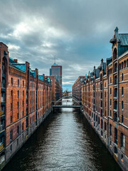 view of Hamburg's Speicherstadt with dramatic sky