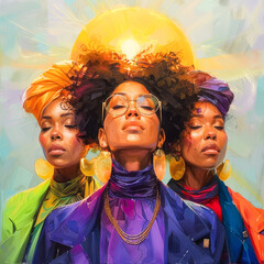 Three Women.  Generated image.  A digital illustration of three women with a pastel background in the style of Feminist art.