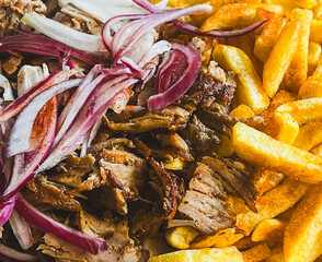 close-up of tasty gyros and fries