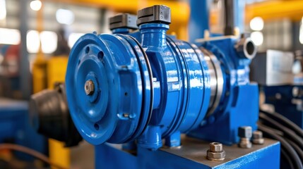 Fototapeta premium Close-up view of industrial blue pump in machinery workshop