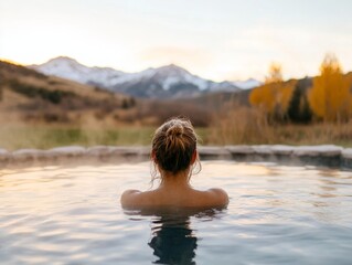 Fototapeta premium Serene Wellness Retreat: Traveler Immersed in Hot Spring with Snowy Peaks Views, Natural Relaxation Adventure
