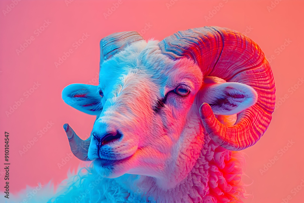 Poster neon ram portrait - colorful animal photography