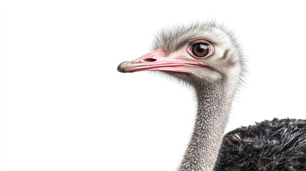 Fototapeta premium Portrait of a Funny and Cute Male Ostrich Isolated on White Background, Adorable Ostrich Face, Playful Bird Expression, Charming Wildlife Photo, Unique Animal Portrait, High-Quality Image