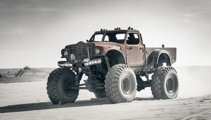 Fototapeta premium Apocalyptic old rust heavy duty car in desert, monochrome image