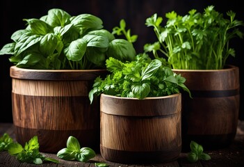 Naklejka premium close fresh green herbs rustic wooden containers set dark background highlighting their textures colors, basil, parsley, cilantro, rosemary, thyme, dill, mint