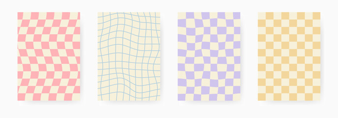 Groovy abstract psychedelic colorful checkered poster set. Chess board pattern 60s-70s. Y2K wallpapers in cage. Hippie retro vector design