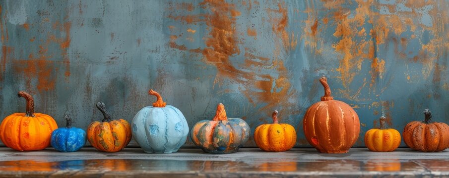 Collection of handmade plaster pumkins. Banner for autumn seasonal holidays background. DIY craft pumkins for helloween, thanksgiving, fall decoration