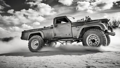 Apocalyptic old rust heavy duty car in desert, monochrome image