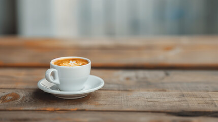 Obraz premium A delightful cappuccino with latte art on a white saucer, placed on a wooden table, capturing the essence of a relaxing coffee break.