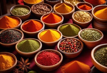 Fototapeta premium colorful arrangement spices decorative bowls showcasing diverse palette textures shades, display, flavor, herb, vibrant, ingredient, culinary, assortment