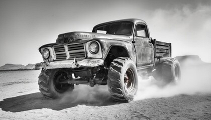 Apocalyptic old rust heavy duty car in desert, monochrome image