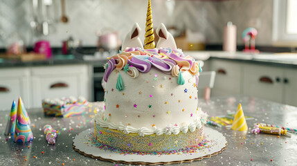 A unicorn birthday cake with glittery icing, sitting on a modern kitchen table, with childrena??s party favors scattered around.