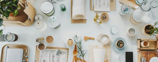 Flat lay of various objects on a white table.
