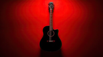 Frontal view of a guitar hanging against a red background, showcasing its silhouette and details.